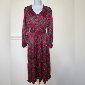 Mary Square Red & Green Plaid Long-Sleeve Tie-Waist Midi Dress new with tag S